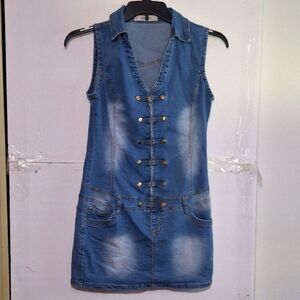 A Goodies Women's Denim Dress Blue Jean Distressed Bodycon Zip Front Detailed XL